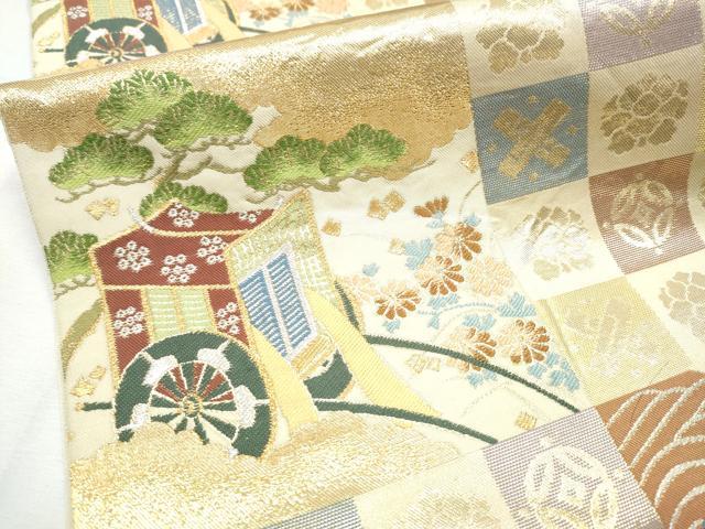 平和屋着物●西陣 川島織物 六通柄 本袋帯 市松御所車花文 金銀糸 正絹 逸品 CABC5460hy