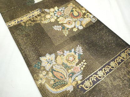 平和屋着物●西陣 織姫ささき謹製 染色作家 草野一騎 六通柄袋帯 更紗花文 金銀糸 証紙付き 正絹 逸品 CABC5463hy