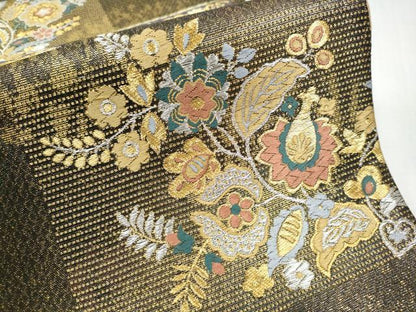 平和屋着物●西陣 織姫ささき謹製 染色作家 草野一騎 六通柄袋帯 更紗花文 金銀糸 証紙付き 正絹 逸品 CABC5463hy