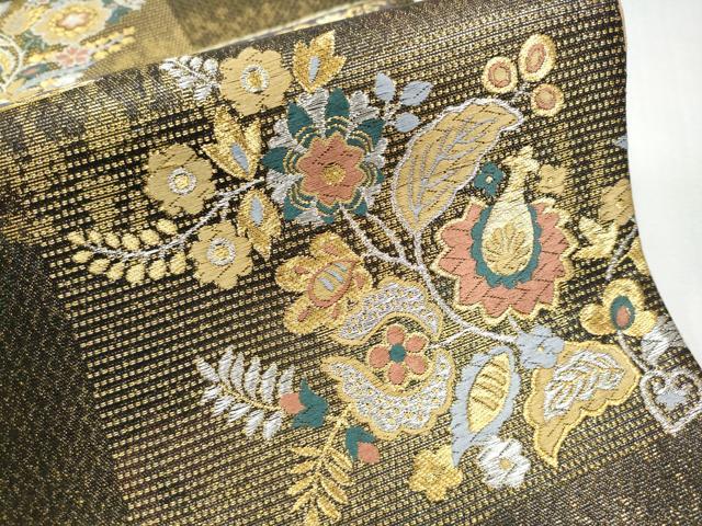平和屋着物●西陣 織姫ささき謹製 染色作家 草野一騎 六通柄袋帯 更紗花文 金銀糸 証紙付き 正絹 逸品 CABC5463hy