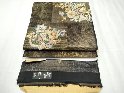 平和屋着物●西陣 織姫ささき謹製 染色作家 草野一騎 六通柄袋帯 更紗花文 金銀糸 証紙付き 正絹 逸品 CABC5463hy