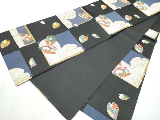 平和屋着物●六通柄袋帯 唐織 色紙重ね舞花文 黒地 金糸 正絹 逸品 CABC5474hy