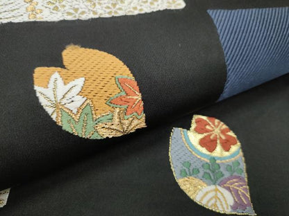 平和屋着物●六通柄袋帯 唐織 色紙重ね舞花文 黒地 金糸 正絹 逸品 CABC5474hy