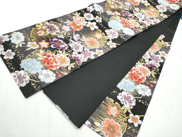 平和屋着物●六通柄袋帯 雪輪花文 黒地 金糸 正絹 逸品 CABC5483hy
