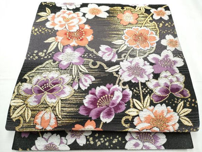 平和屋着物●六通柄袋帯 雪輪花文 黒地 金糸 正絹 逸品 CABC5483hy