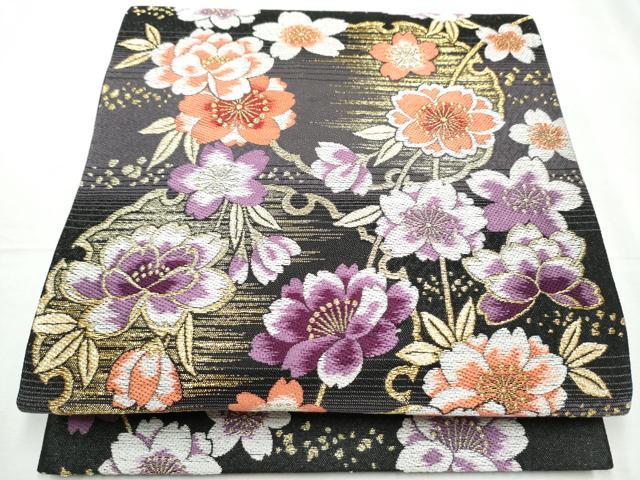 平和屋着物●六通柄袋帯 雪輪花文 黒地 金糸 正絹 逸品 CABC5483hy