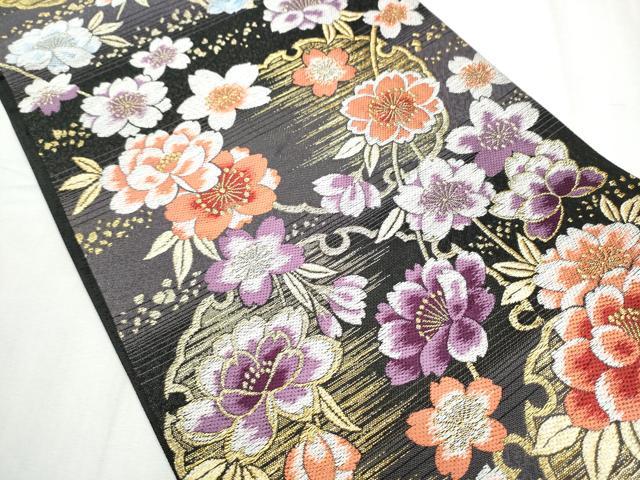 平和屋着物●六通柄袋帯 雪輪花文 黒地 金糸 正絹 逸品 CABC5483hy