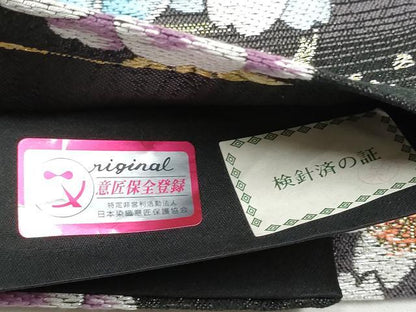 平和屋着物●六通柄袋帯 雪輪花文 黒地 金糸 正絹 逸品 CABC5483hy