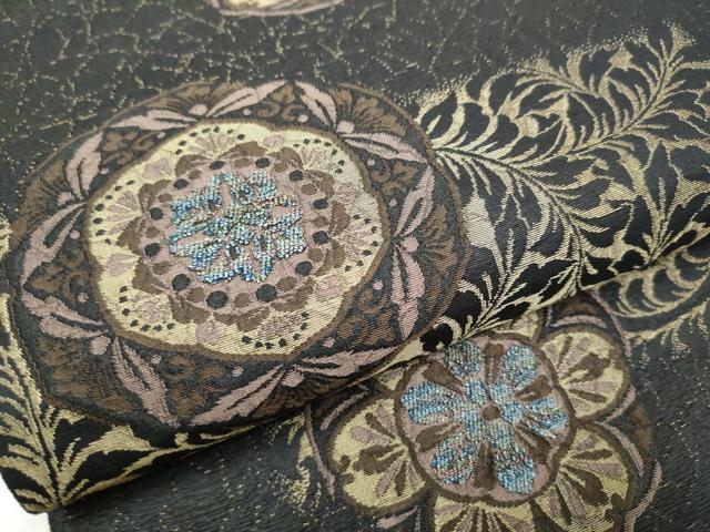 平和屋着物●西陣 廣部商事謹製 六通柄袋帯 花唐草文 黒地 金糸 証紙付き 正絹 逸品 CABC5487hy