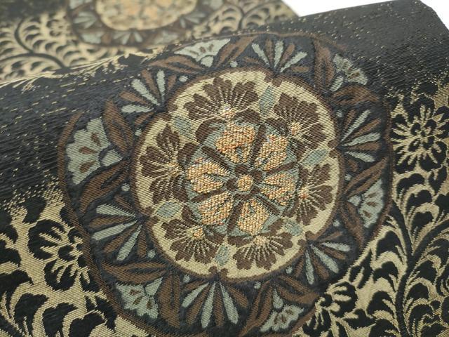 平和屋着物●西陣 廣部商事謹製 六通柄袋帯 花唐草文 黒地 金糸 証紙付き 正絹 逸品 CABC5487hy