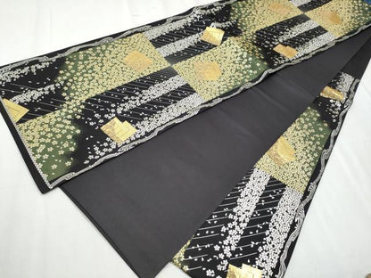 平和屋着物●六通柄袋帯 源氏香舞桜文 黒地 金銀糸 正絹 逸品 CABC5488hy