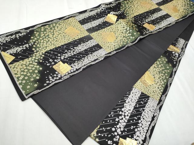 平和屋着物●六通柄袋帯 源氏香舞桜文 黒地 金銀糸 正絹 逸品 CABC5488hy