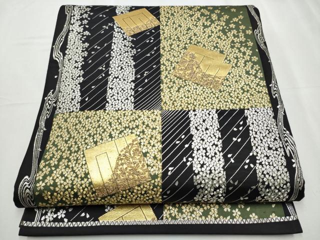 平和屋着物●六通柄袋帯 源氏香舞桜文 黒地 金銀糸 正絹 逸品 CABC5488hy
