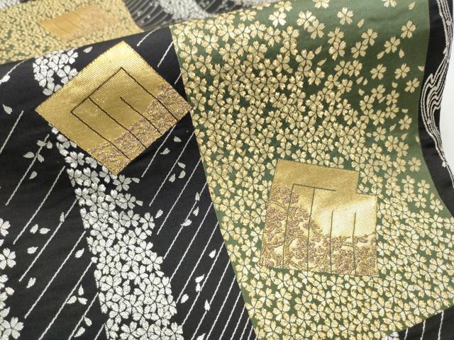 平和屋着物●六通柄袋帯 源氏香舞桜文 黒地 金銀糸 正絹 逸品 CABC5488hy