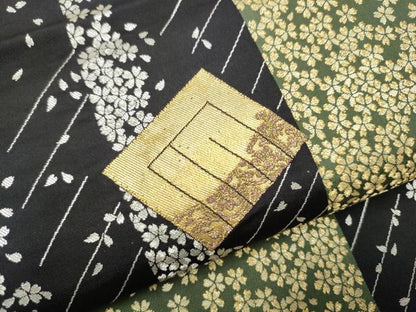 平和屋着物●六通柄袋帯 源氏香舞桜文 黒地 金銀糸 正絹 逸品 CABC5488hy
