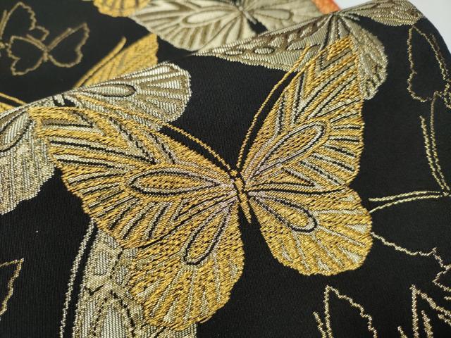 平和屋着物●染色作家　斉藤三才　全通柄袋帯　舞蝶文　三才鳥　黒地　金糸　正絹　逸品　CABC5500hy