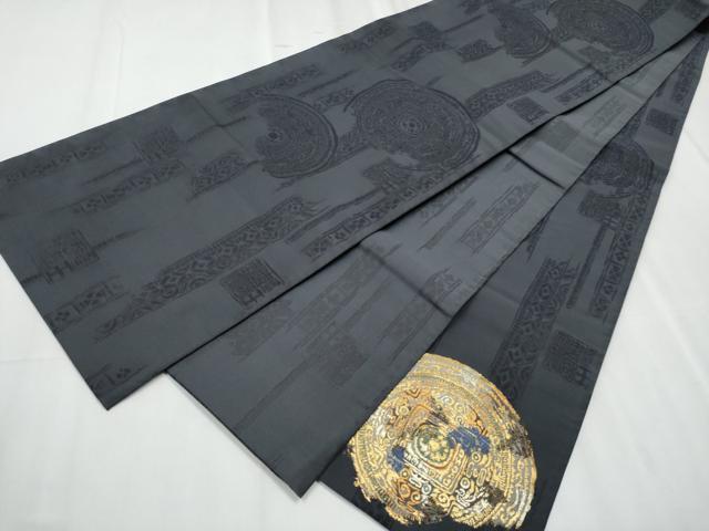 平和屋着物●太鼓柄袋帯 絵皿吉祥文 金糸 正絹 逸品 CABC5509hy