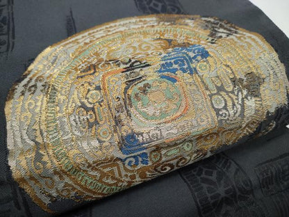 平和屋着物●太鼓柄袋帯 絵皿吉祥文 金糸 正絹 逸品 CABC5509hy