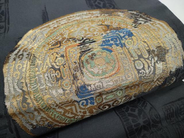 平和屋着物●太鼓柄袋帯 絵皿吉祥文 金糸 正絹 逸品 CABC5509hy