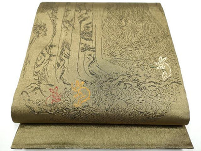 平和屋着物●西陣 鷹匠謹製 両面 全通全景柄袋帯 黄丹 鳥獣戯画 金糸 正絹 逸品 CABC5516hy