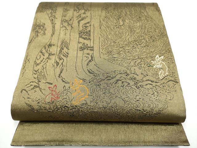 平和屋着物●西陣 鷹匠謹製 両面 全通全景柄袋帯 黄丹 鳥獣戯画 金糸 正絹 逸品 CABC5516hy