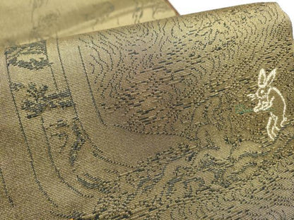 平和屋着物●西陣 鷹匠謹製 両面 全通全景柄袋帯 黄丹 鳥獣戯画 金糸 正絹 逸品 CABC5516hy
