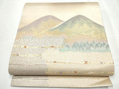 平和屋着物●太鼓柄袋帯 遠山樹林文 金糸 銀座おゝぎ屋扱い 正絹 逸品 CABC5524hy