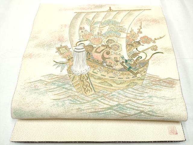 平和屋着物●両面　太鼓柄袋帯　作家物　綴れ　宝船　金彩　正絹　逸品　CABC5526hy