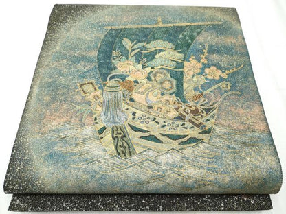 平和屋着物●両面　太鼓柄袋帯　作家物　綴れ　宝船　金彩　正絹　逸品　CABC5526hy