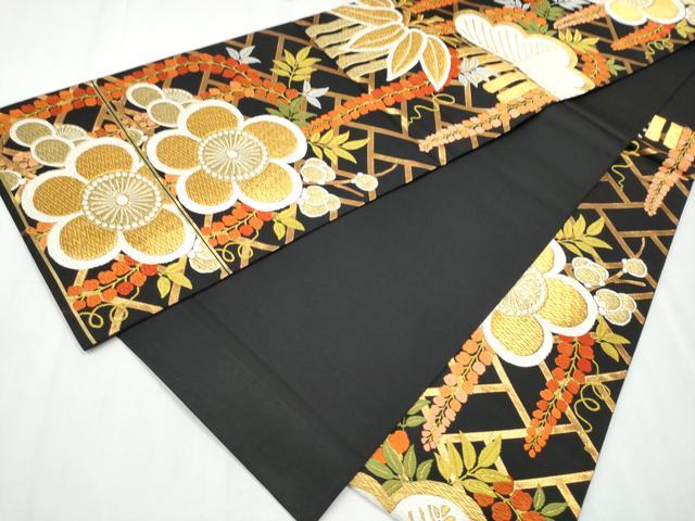 平和屋着物●西陣 河合美術織物謹製 六通柄袋帯 唐織 草花文 黒地 金糸 正絹 逸品 CABC5531hy