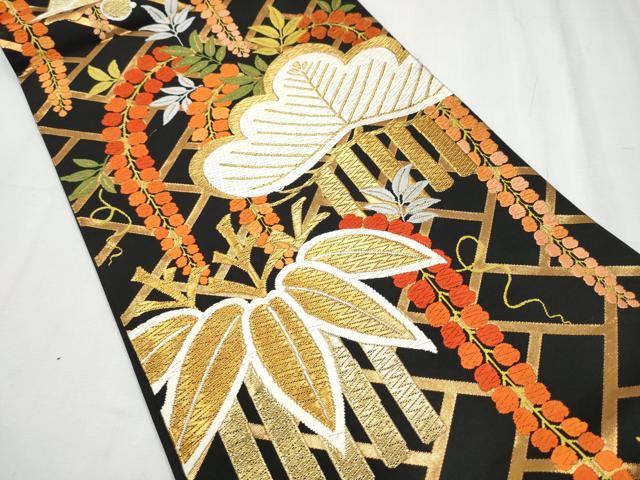 平和屋着物●西陣 河合美術織物謹製 六通柄袋帯 唐織 草花文 黒地 金糸 正絹 逸品 CABC5531hy