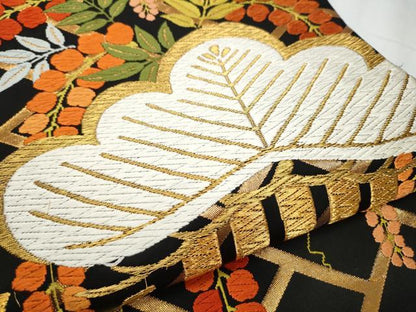 平和屋着物●西陣 河合美術織物謹製 六通柄袋帯 唐織 草花文 黒地 金糸 正絹 逸品 CABC5531hy