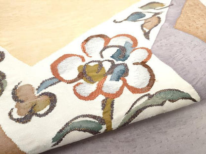平和屋着物●太鼓柄袋帯 作家物 すくい織 草花文 銀糸 正絹 逸品 CABC5532hy