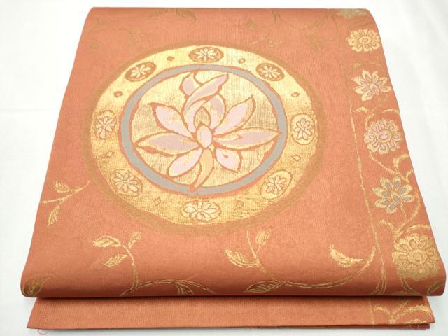 平和屋着物●洛風林　工芸帯地　六通柄袋帯　絵皿花文　金糸　正絹　逸品　CABC5542hy
