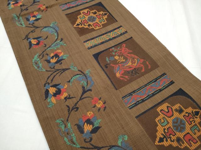 平和屋着物●六通柄 本袋帯 動物幾何学花唐草文 正絹 逸品 CABC5545hy