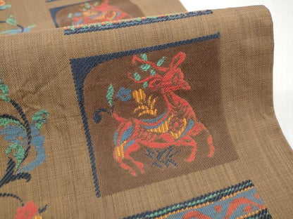 平和屋着物●六通柄 本袋帯 動物幾何学花唐草文 正絹 逸品 CABC5545hy