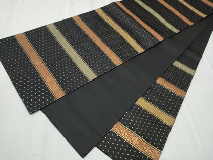 平和屋着物●六通柄袋帯 横段花文 黒地 金糸 正絹 逸品 CABC5556hy