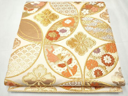 平和屋着物●六通柄袋帯　唐織　四季草花七宝文　金銀糸　正絹　逸品　CABC5566hy