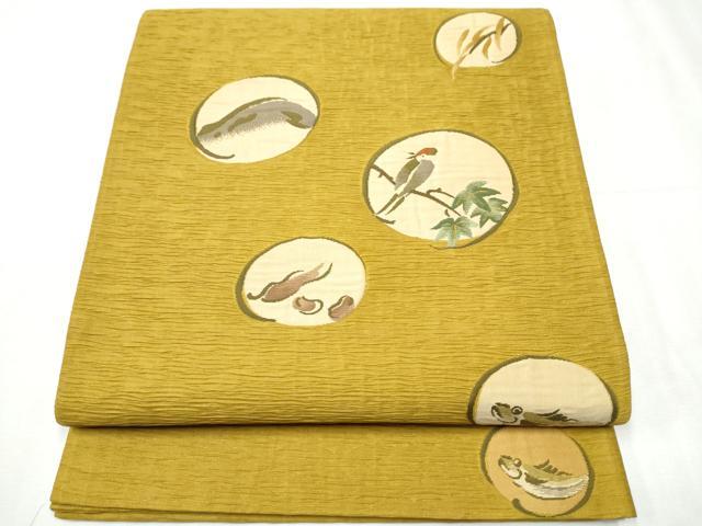 平和屋着物●太鼓柄袋帯 魚 休み鳥枝葉丸文 正絹 逸品 CABC5575hy