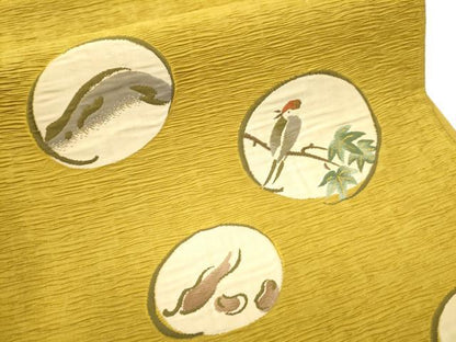 平和屋着物●太鼓柄袋帯 魚 休み鳥枝葉丸文 正絹 逸品 CABC5575hy