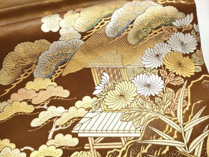 平和屋着物●金彩友禅 卓越技能者・名工・和田光正 太鼓柄袋帯 松竹梅風景文 金銀彩 正絹 逸品 CABC5582hy