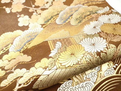平和屋着物●金彩友禅 卓越技能者・名工・和田光正 太鼓柄袋帯 松竹梅風景文 金銀彩 正絹 逸品 CABC5582hy