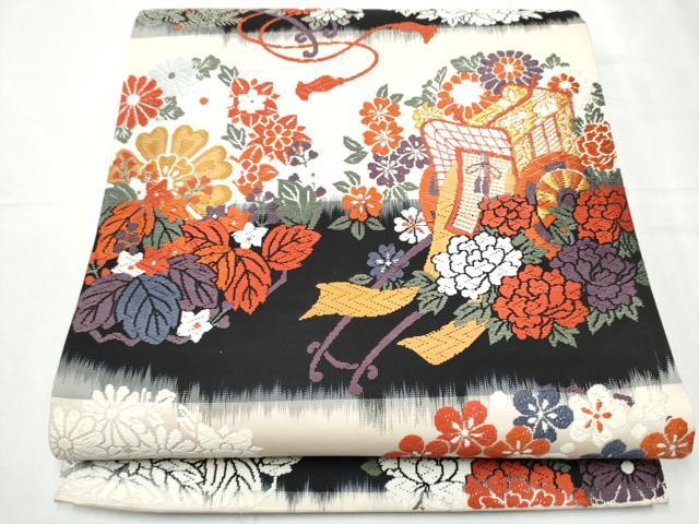平和屋着物●六通柄袋帯 唐織 御所車花文 金糸 正絹 逸品 CABC5592hy