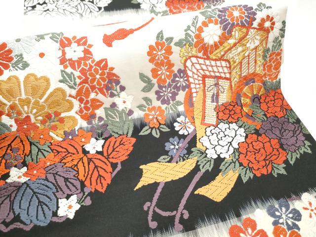 平和屋着物●六通柄袋帯 唐織 御所車花文 金糸 正絹 逸品 CABC5592hy
