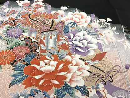 平和屋着物■豪華黒留袖 御所車花文 暈し染め 金彩 正絹 逸品 CABC5650xi