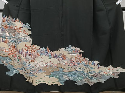 平和屋着物■豪華黒留袖　風景花文　正絹　逸品　CABC5687xi