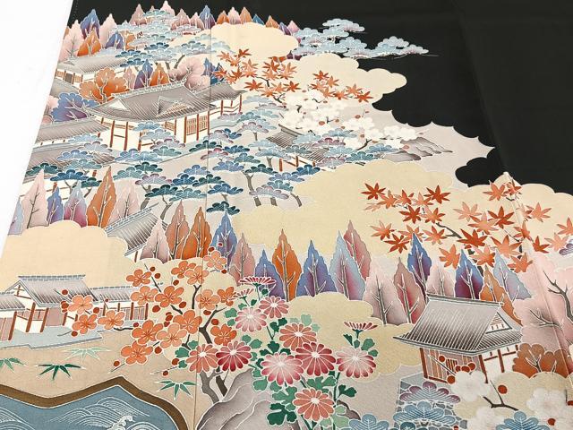 平和屋着物■豪華黒留袖　風景花文　正絹　逸品　CABC5687xi