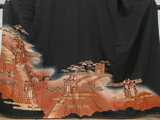 平和屋着物■豪華黒留袖　駒刺繍　御所車花文　暈し染め　金彩　正絹　逸品　未使用　CABC5689xi