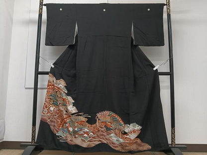平和屋着物■豪華黒留袖　駒刺繍　人物花文　金彩　正絹　逸品　CABC5696xi
