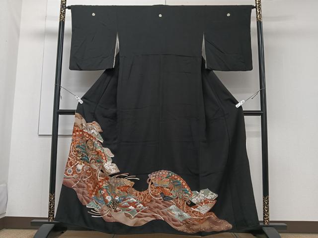 平和屋着物■豪華黒留袖　駒刺繍　人物花文　金彩　正絹　逸品　CABC5696xi